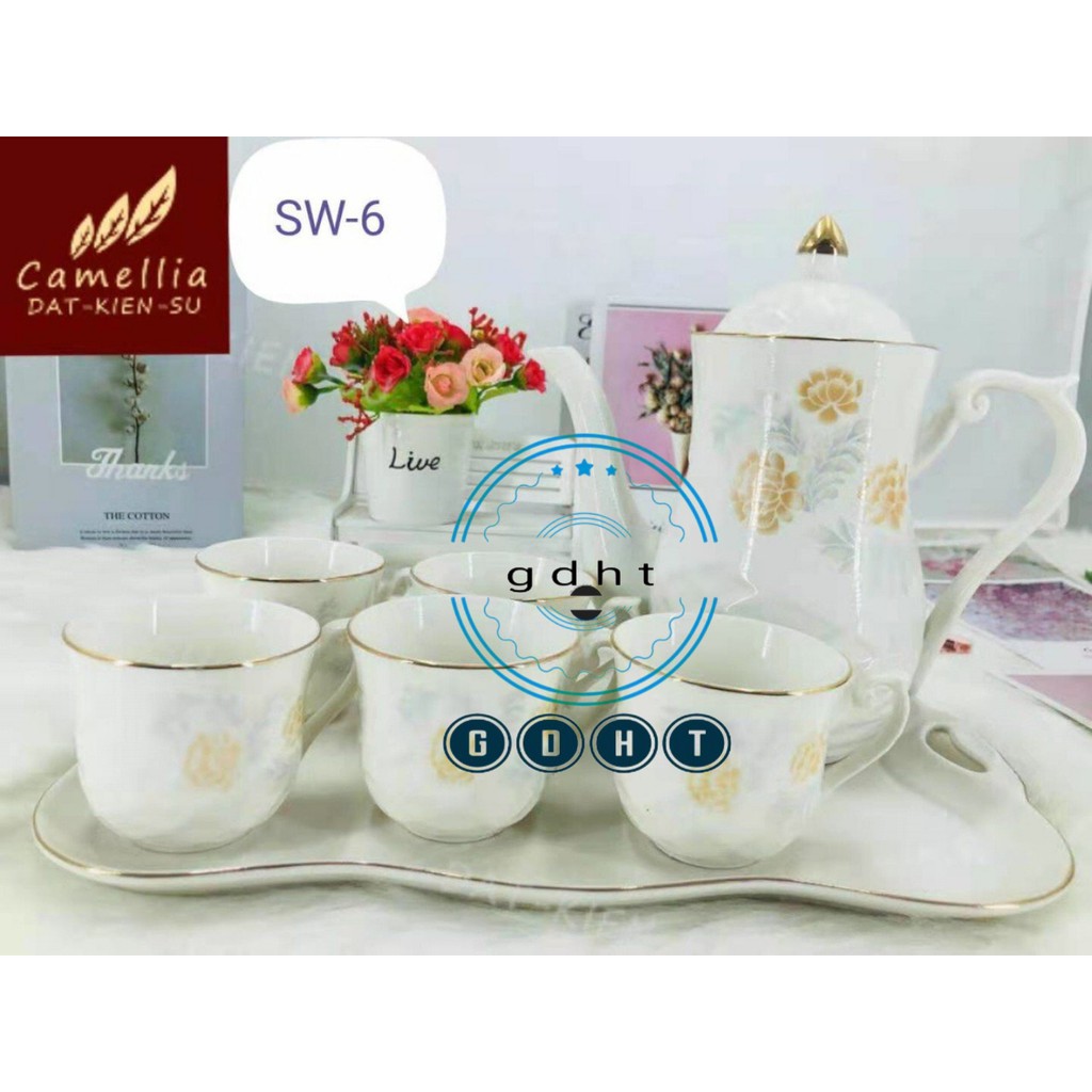 Bộ bình cốc kèm khay sứ pha trà cà phê dáng eo trắng họa tiết hoa vàng phong cách Châu Âu sang trọng