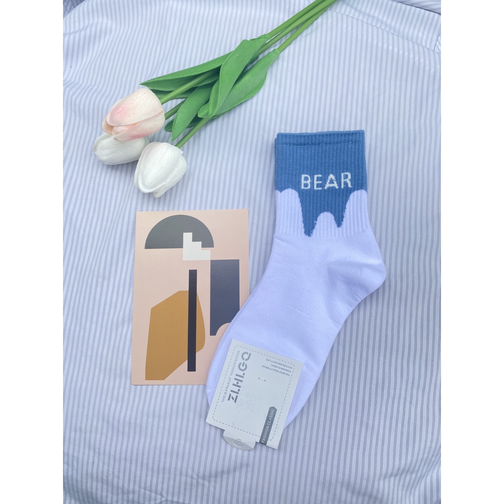 Tất trắng Muzini tất cổ cao tone xanh hoạt tiết gấu nhiều hình cute TN222