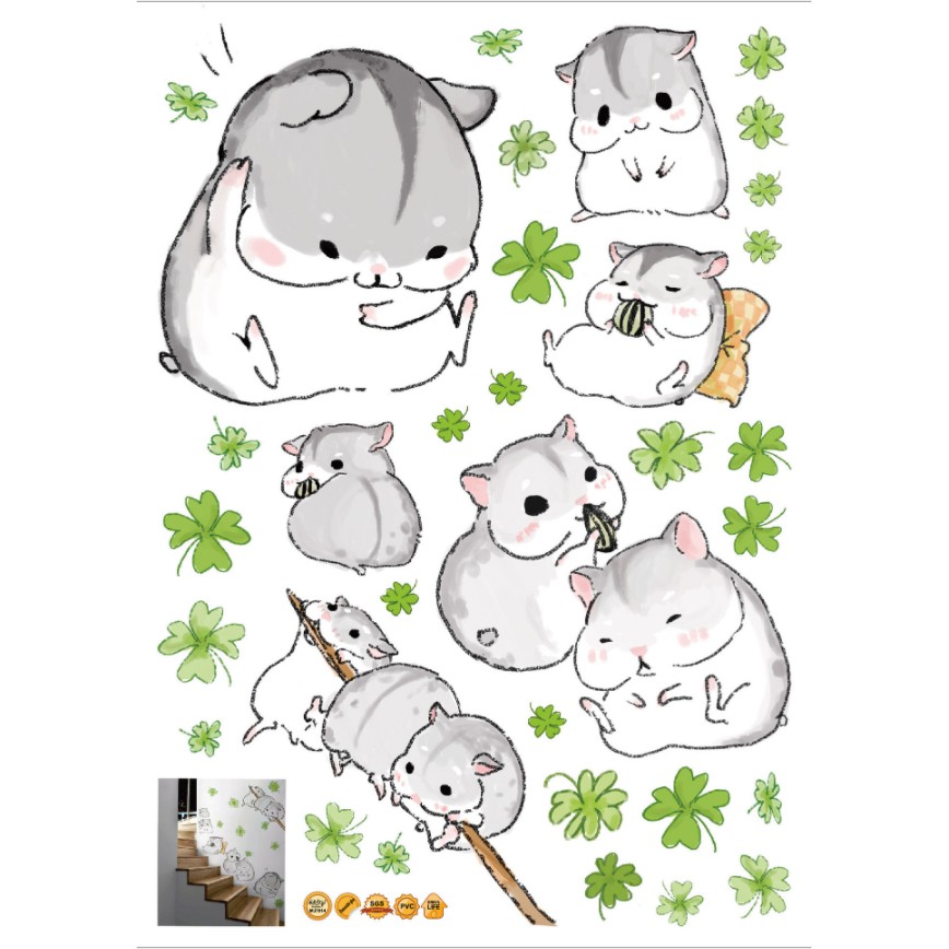 Decal dán tường trang trí - BÉ HAMSTER MŨM MĨM HAM ĂN