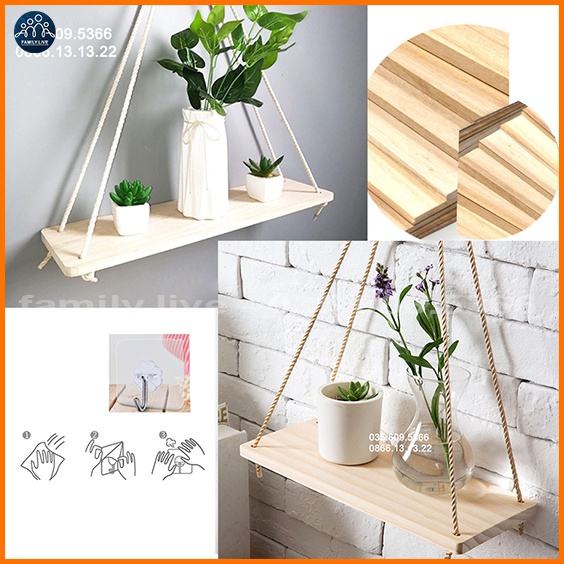 Kệ Gỗ Treo Tường Dây Thừng Trang Trí Bằng Gỗ Thịt Thông/Sồi Tự Nhiên Tặng Kèm Dây Và Móc