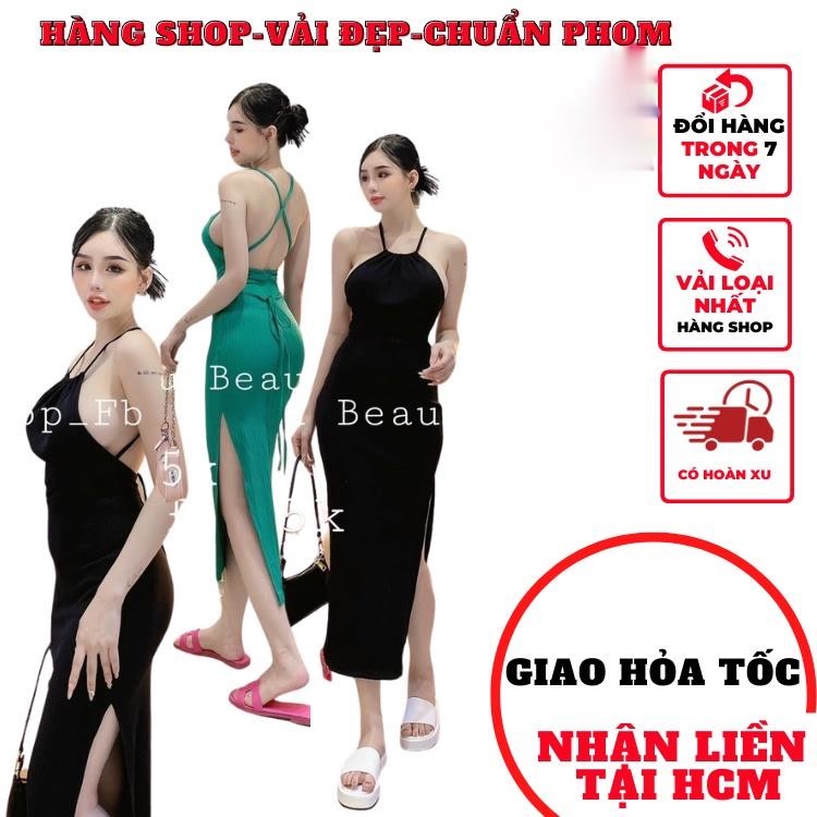 Váy đầm yếm nữ hở lưng  xẻ tà đùi cột dây màu đen có đệm mútngực thun gân sexy phong cách sang chảnh dự tiệc alohashop91
