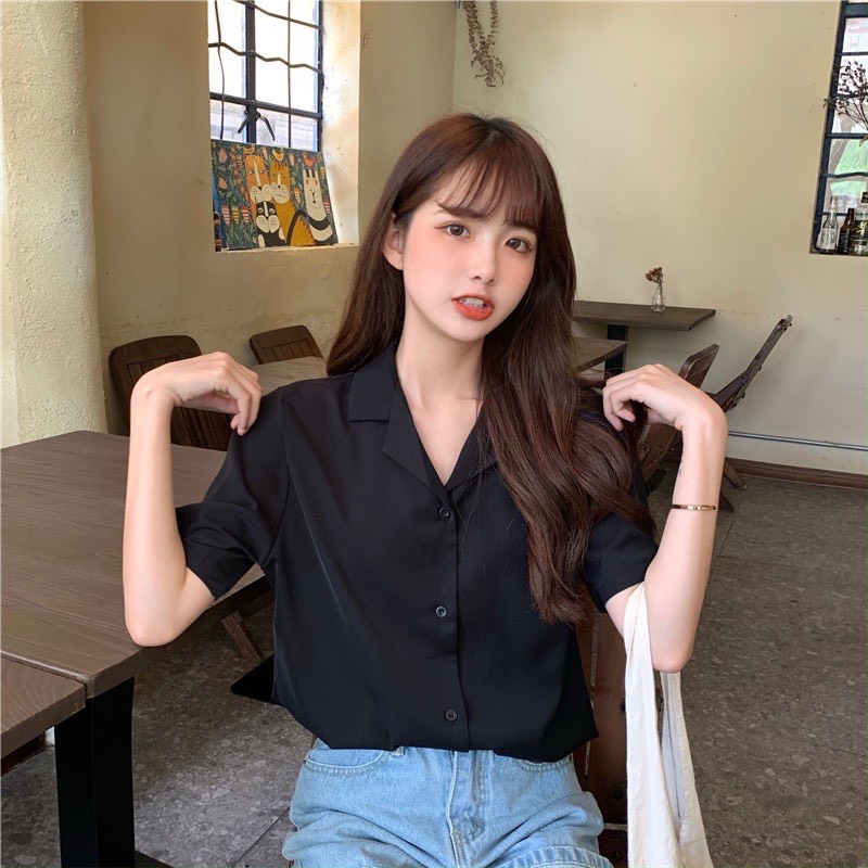Áo Sơ mi Nữ Cổ Vest Cộc Tay 🦋 Áo Somi Nữ Vải Đũi Lụa Dáng Trơn 4 Màu 🦋