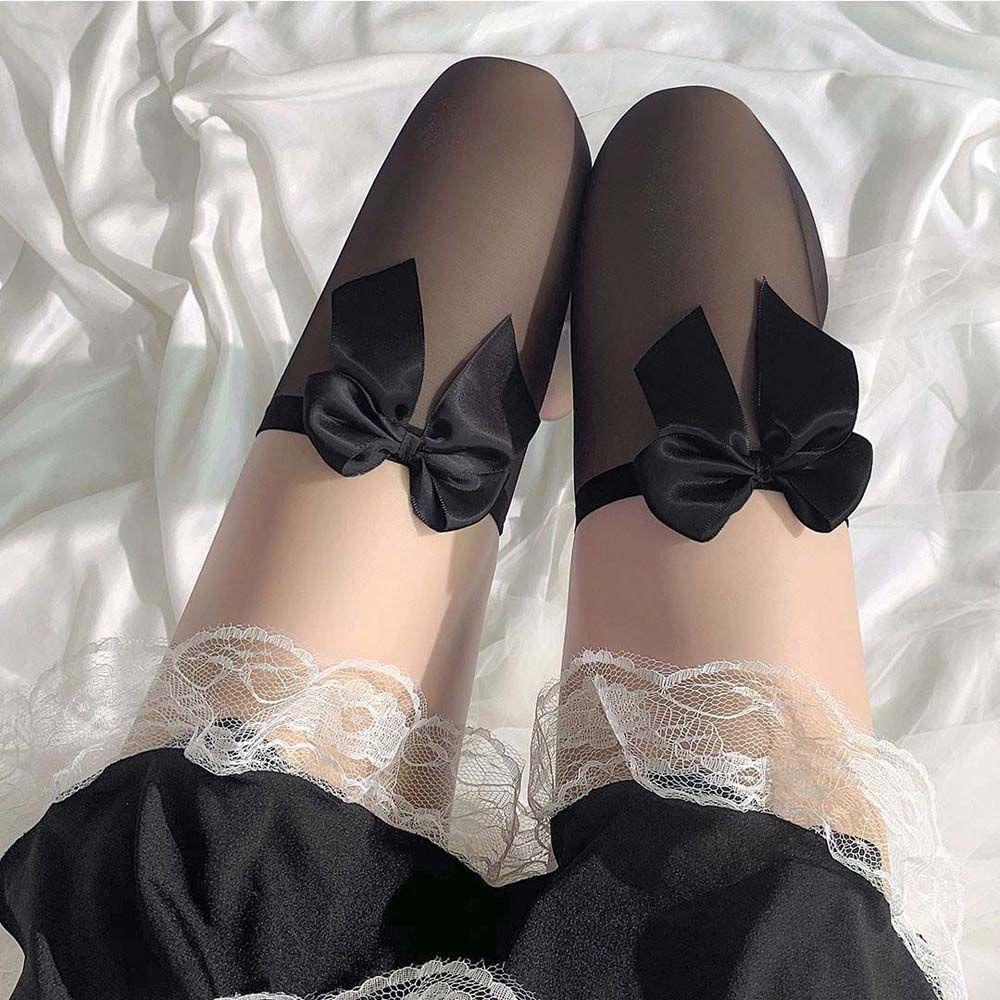 Vớ Đen Mỏng Đính Nơ Phong Cách Gothic Công Chúa Harajuku 15H Cho Nữ