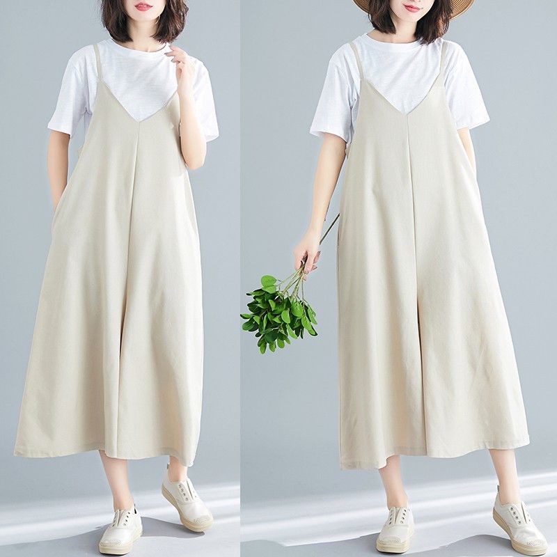 [ORDER] Quần yếm nữ bigsize ống rộng màu kem nhã nhặn (fit 75kg) - Có ảnh thật