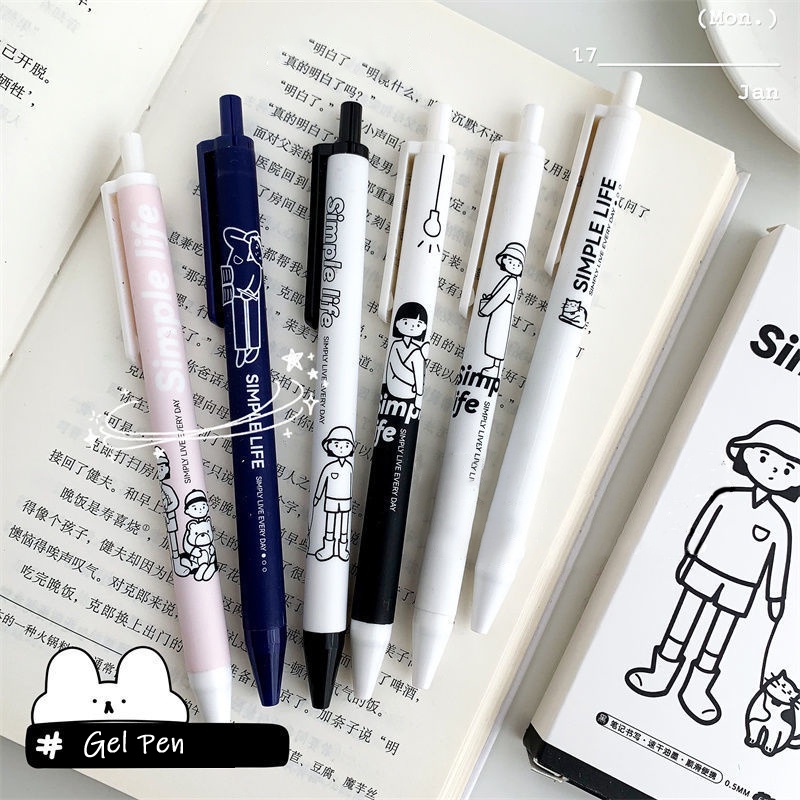 Set 6 Bút Bi Mực Gel Ngòi 0.5mm Có Thể Thu Gọn Hình Hoạt Hình Dễ Thương