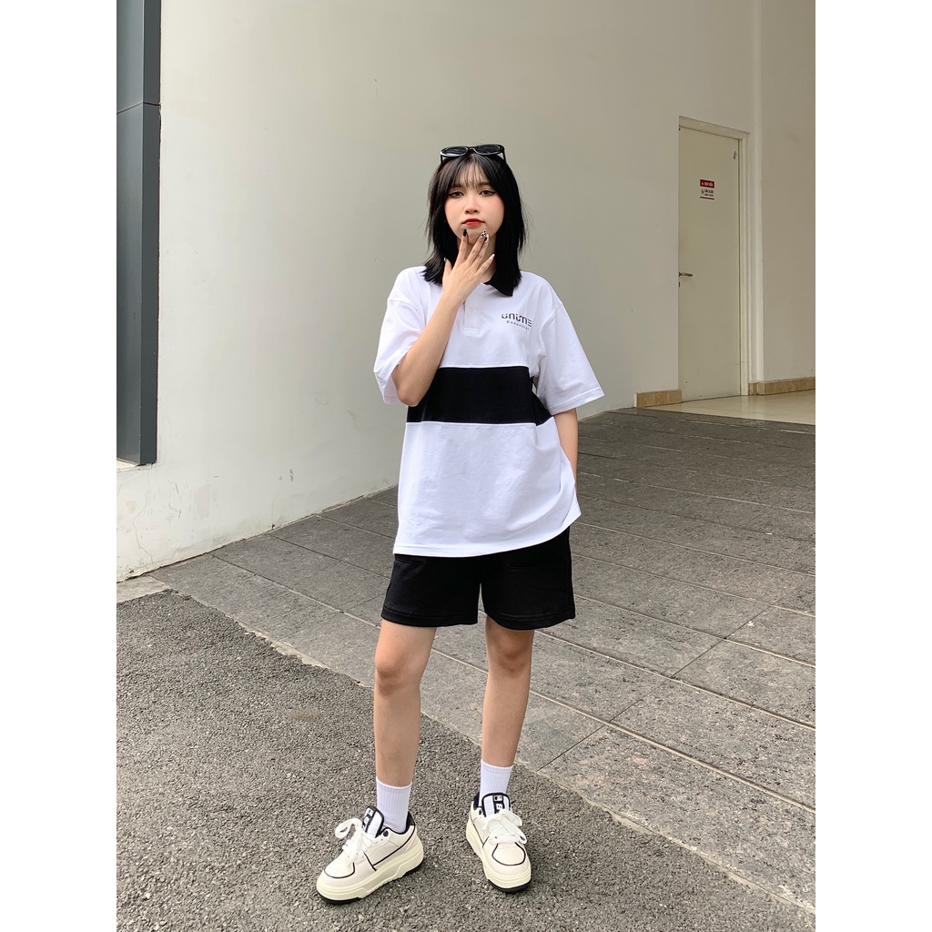 Áo polo trắng phối thân đen nam/nữ vải thun cá sấu 100% cotton