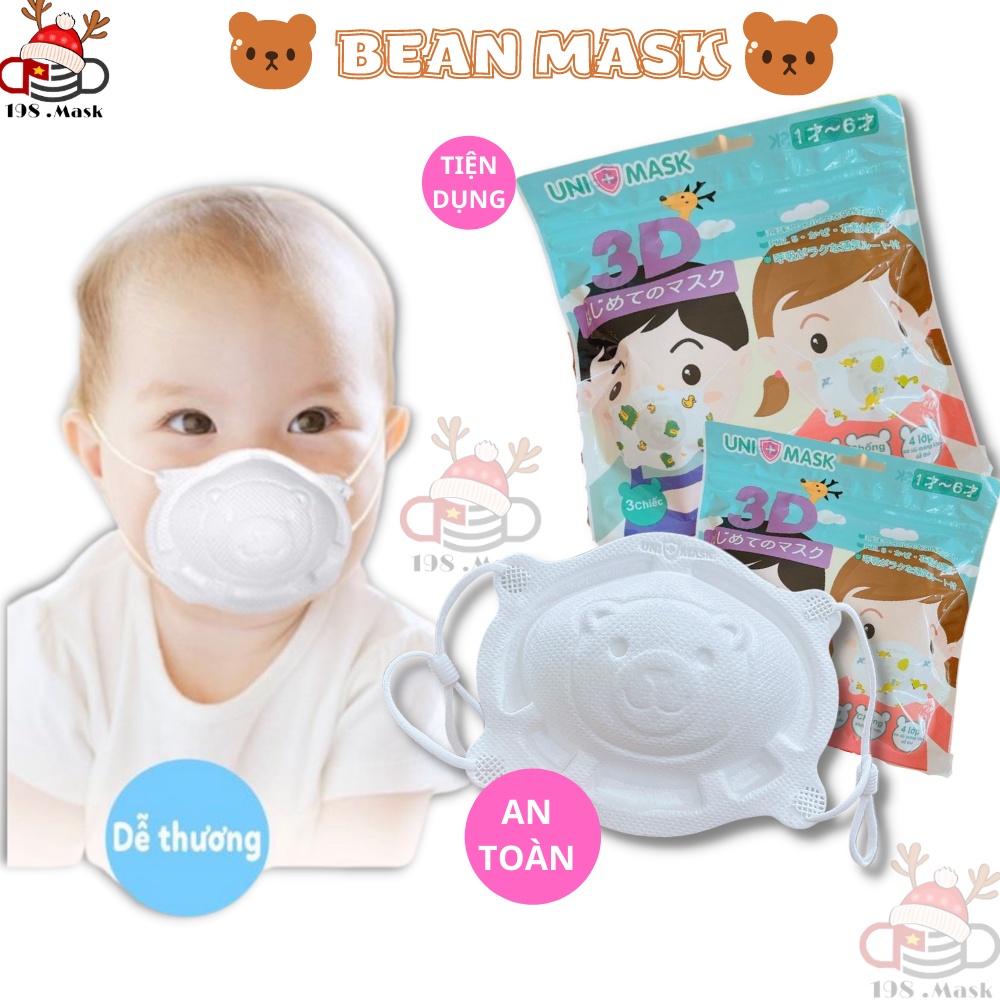 Khẩu trang hình gấu 3D cho bé từ 0-3 tuổi thương hiệu UNIMASK xuất Nhật