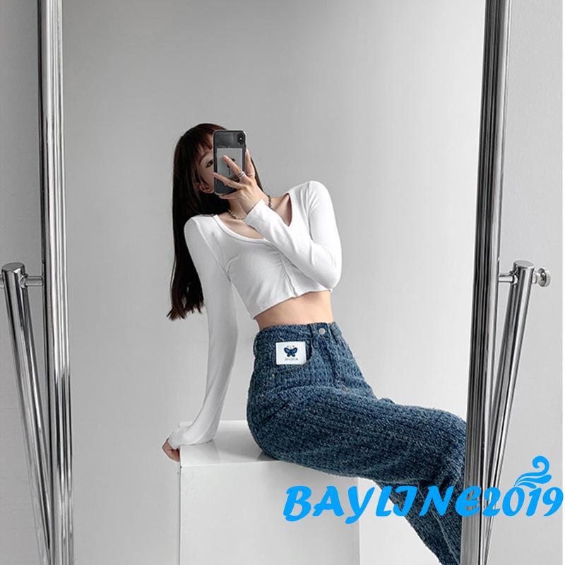 Áo croptop tay dài cổ chữ v màu sắc thời trang cho nữ
