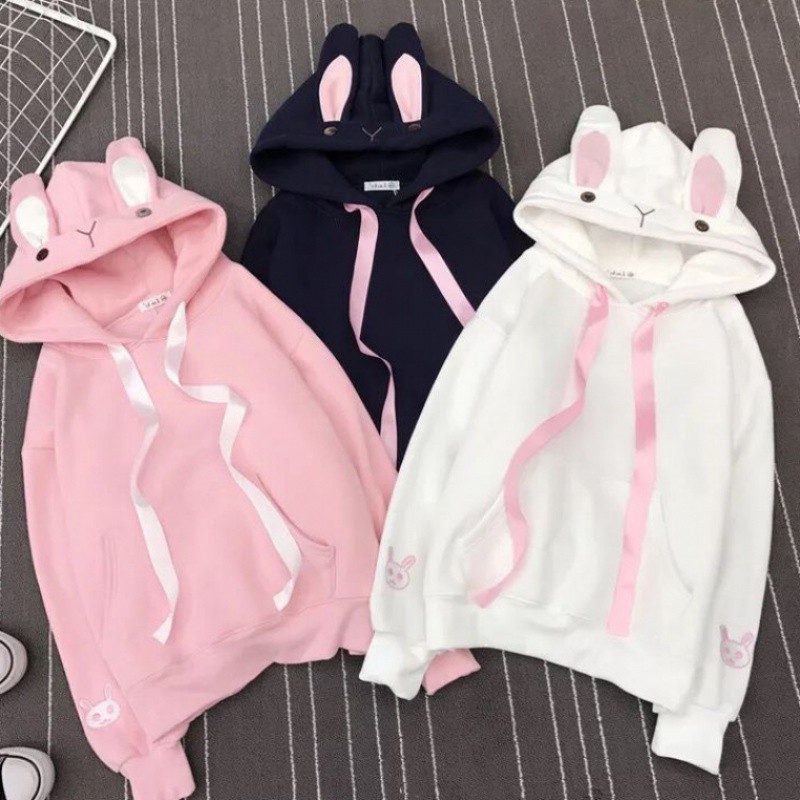 Áo Hoodie Tay Dài Thêu Hình Tai Thỏ Màu Hồng Ngọt Ngào Cho Nữ