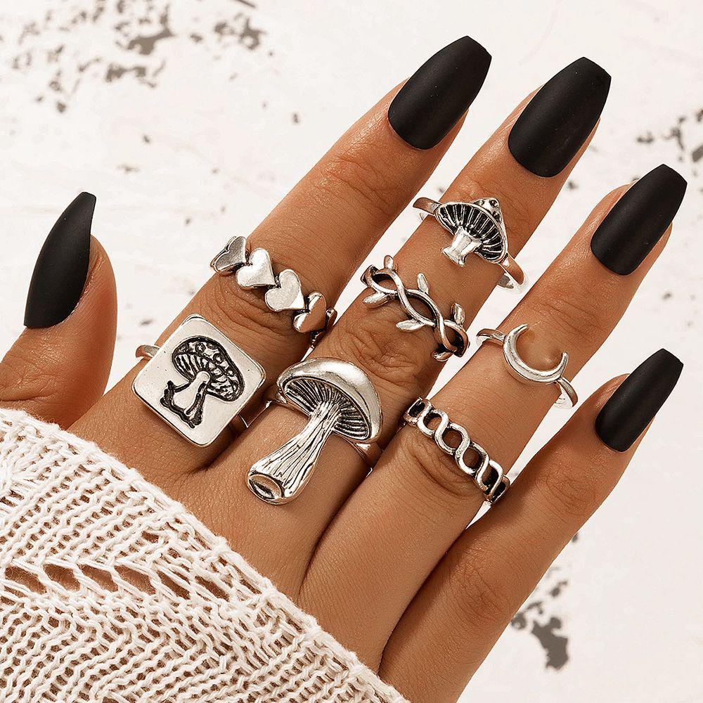 Set 7 Nhẫn Hở Hình Lá / Trái Tim / Nấm / Trái Tim Phong Cách Cổ Điển Thời Trang Dự Tiệc Cho