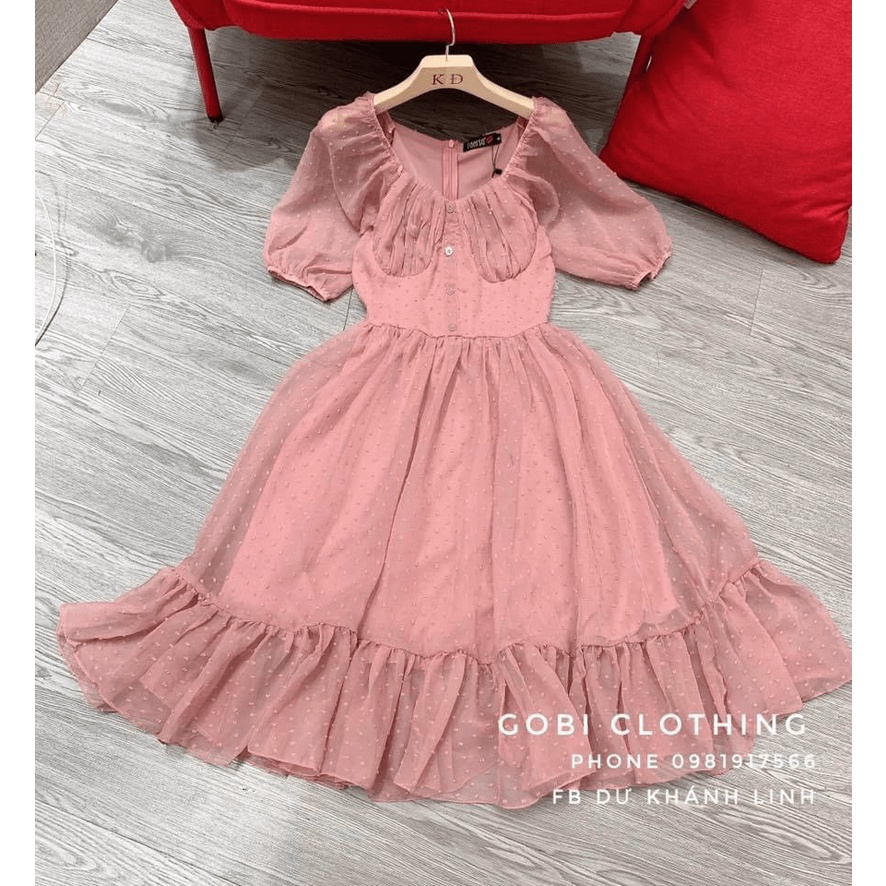 (Mẫu Mới) Đầm Voan Hột Cổ Trò Rộng Dáng Xòe UP HHP