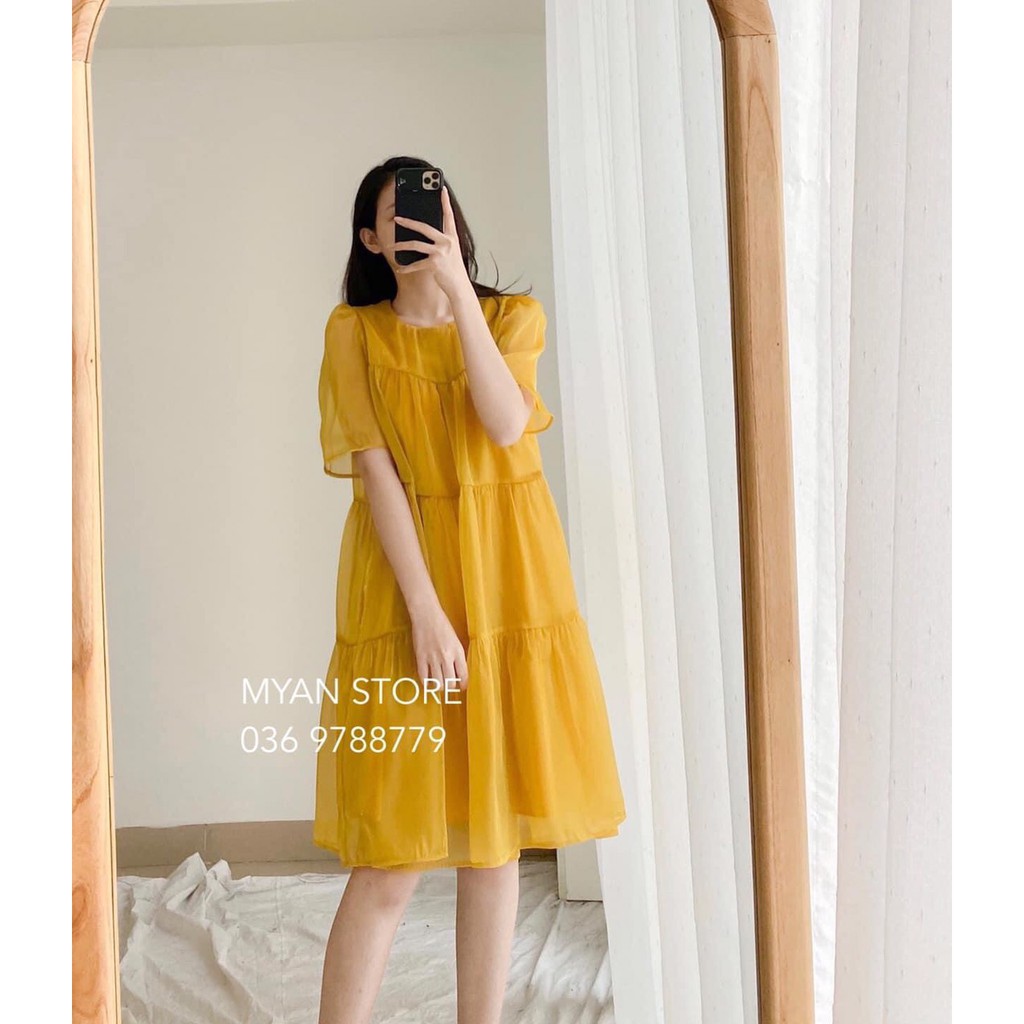 Váy bầu thiết kế dự tiệc cao cấp 🍅 FREESHIP 🍅 đầm bầu dự tiệc cao cấp organza vàng 3 size
