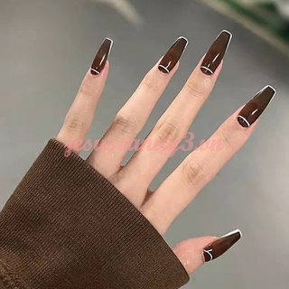 [Hàng mới về] Set 24 móng tay giả dạng nhấn dài màu trắng đậm kèm gel thạch