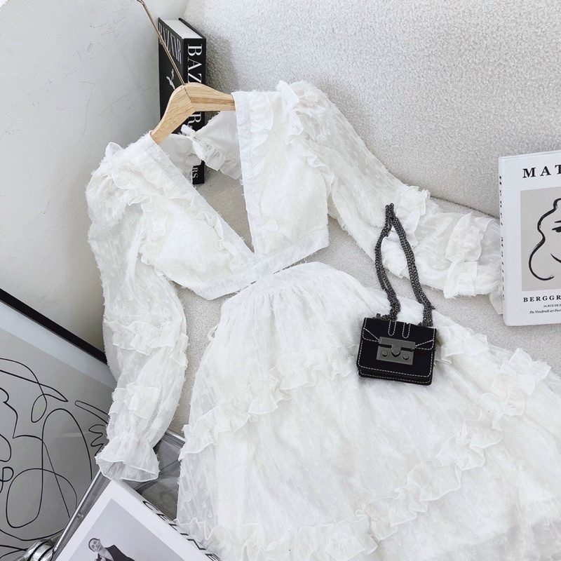 Đầm lông trắng tay dài khoét/cut eo hở lưng độc lạ sang trọng, đầm váy ngắn xoè tiểu thư công chúa hot girl dễ thương