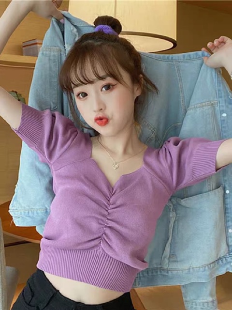 MS009 Áo len croptop rúm ngực tay bồng xinh xắn