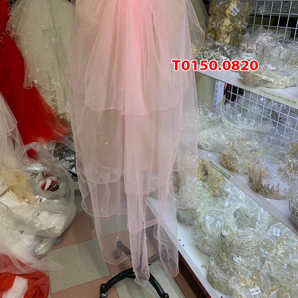 Voan lúp cài tóc cô dâu 4 lớp mẫu mới màu hồng