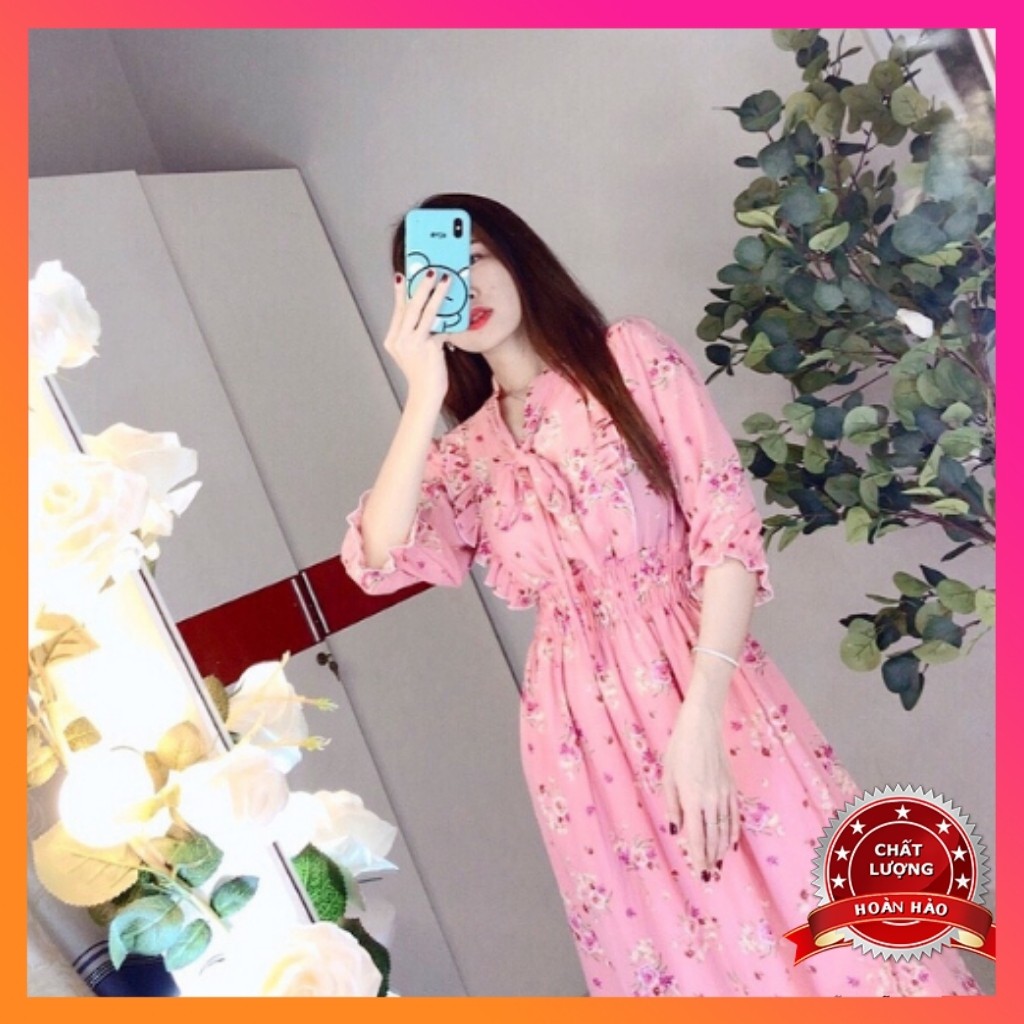 Đầm Maxi đi biển Hoa nhí DH002, thắt nơ cổ, tay lỡ, eo nhún nữ tính | BigBuy360 - bigbuy360.vn