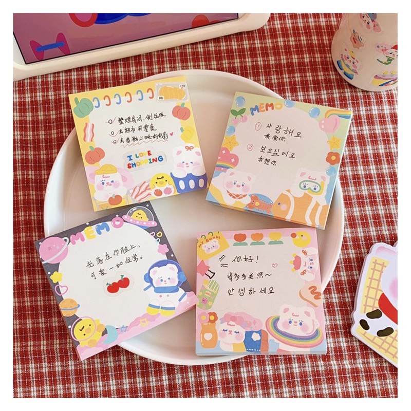 Giấy note cute/Set giấy note 100 tờ ghi chú hình gấu dễ thương trang trí sổ bullet journal Hàn Quốc Tẻn Tẻn