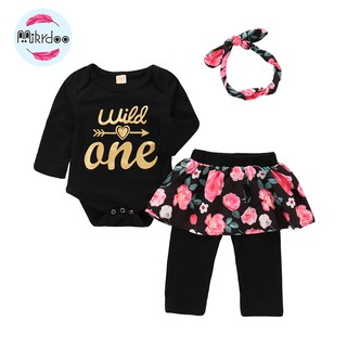 Bộ đồ 3 món Mikrdoo với áo liền quần dài tay in chữ với quần váy và băng đô dễ thương dành cho bé gái