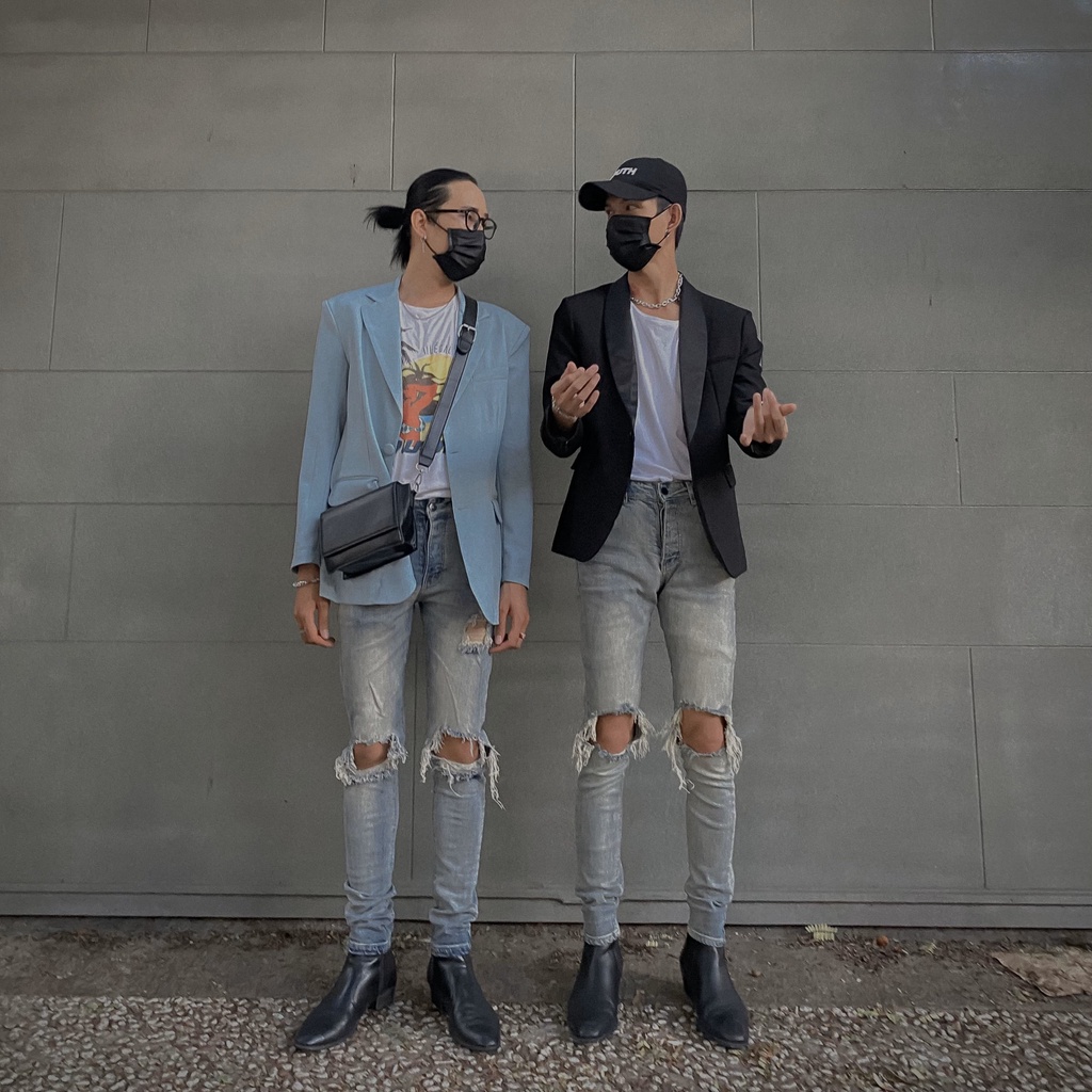 Quần Jeans dáng Skiny rách gối | Indigo Ripped Jean + Khăn bandana | BigBuy360 - bigbuy360.vn