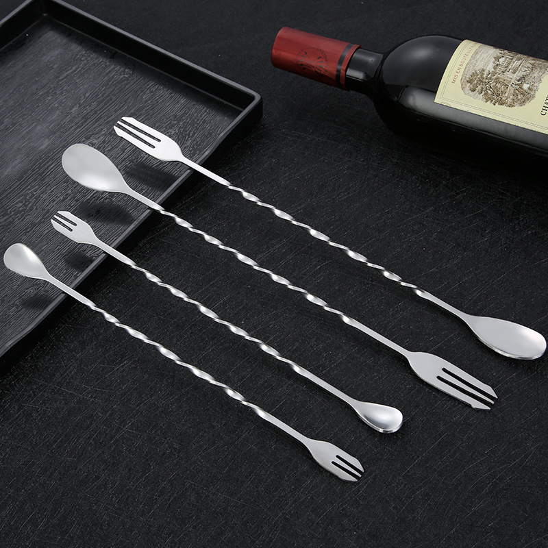 2in 1 Cocktail Mixing Fork Spoon Stainless Steel Durable Bar Appliances Stirring Rod Spiral Shape Double Head Kitchenware