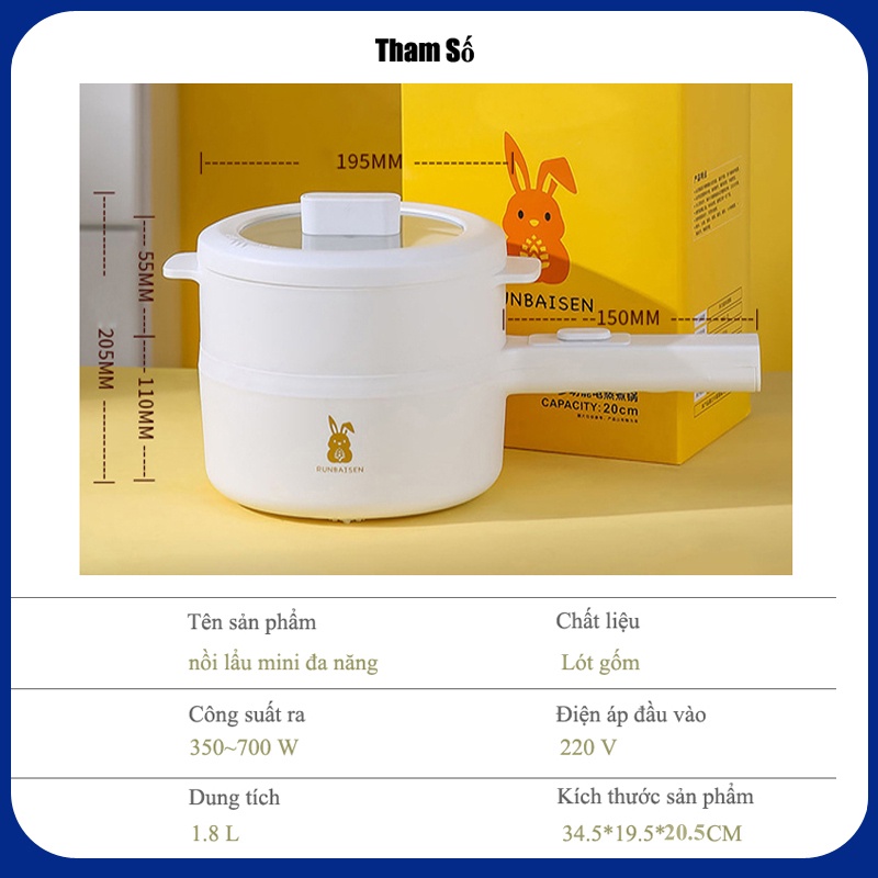 Nồi nấu mì nồi lẩu mini điện chống dính đa năng công suất 700W dung tích  2L, kèm khay hấp, bảo hành 1 đổi 1