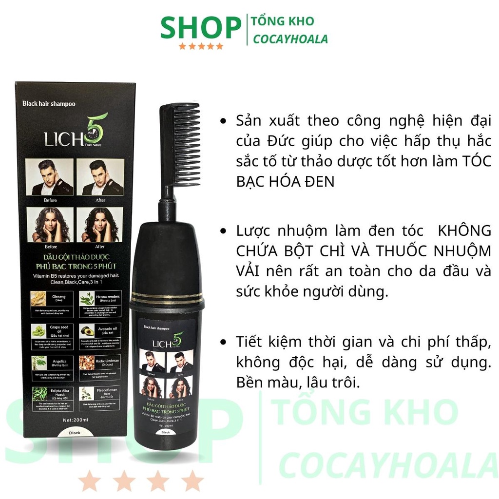 Lược nhuộm tóc thông minh Cocayhoala Lược chải nhuộm tóc phủ bạc thảo dược Lich 5 lên màu đen tóc sau 5 phút 200ml