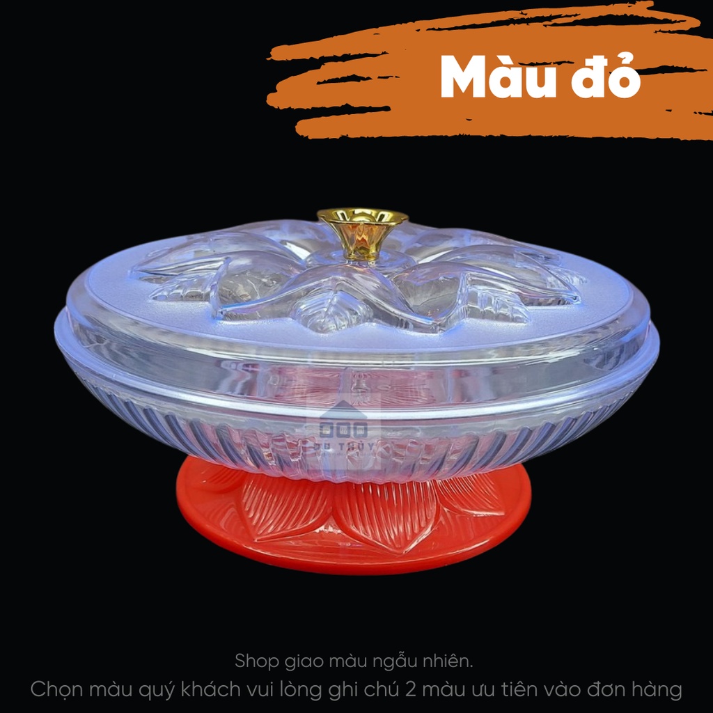 Hộp mứt tết mai trắng đường kính 26 x cao 9 cm nhựa arcylic cao cấp có đế xoay tiện lợi, nhiều ngăn đựng, nhiều màu sắc