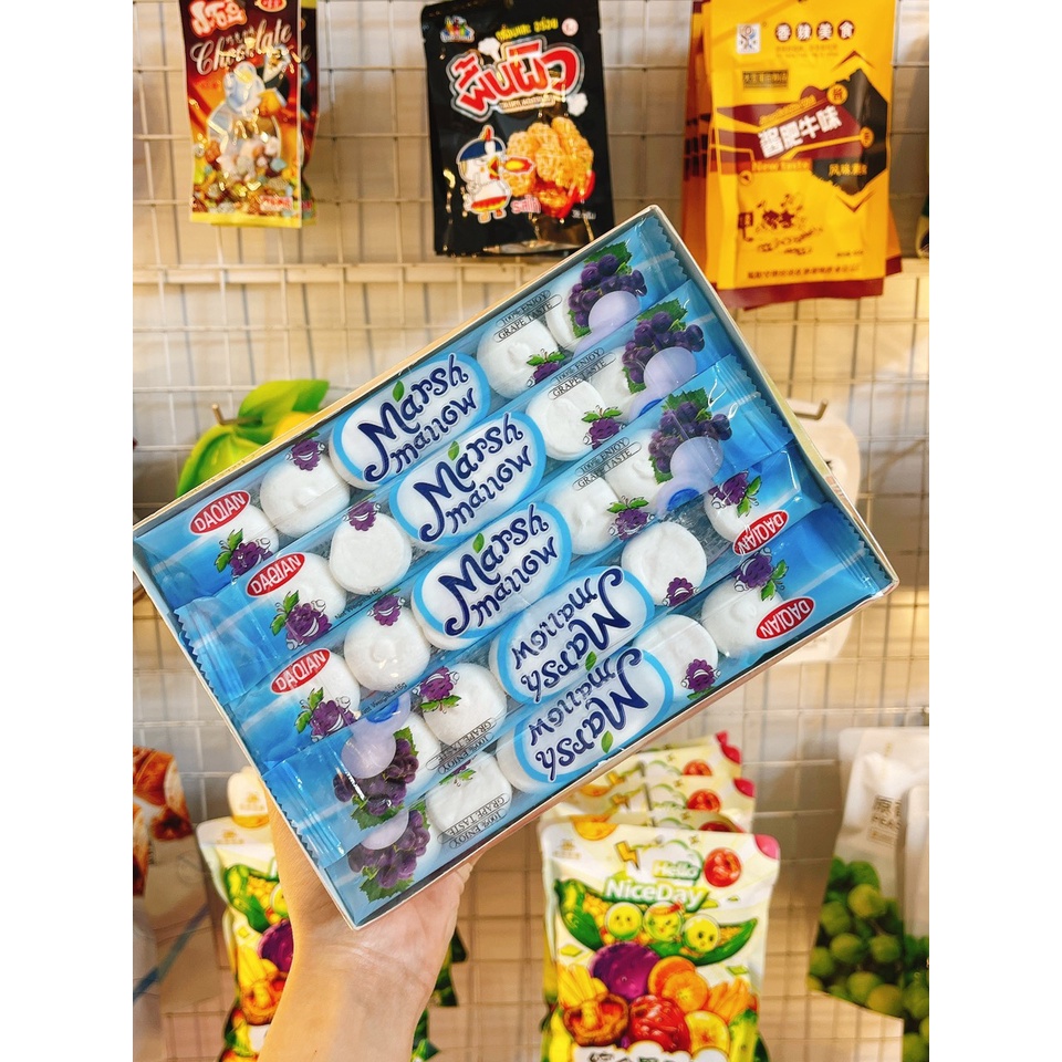 HỘP KẸO DẺO CÓ NHÂN MỨT TRÁI CÂY MARSHMALLOW HÌNH BÁNH BAO TẬN 180 VIÊN/30 CÂY