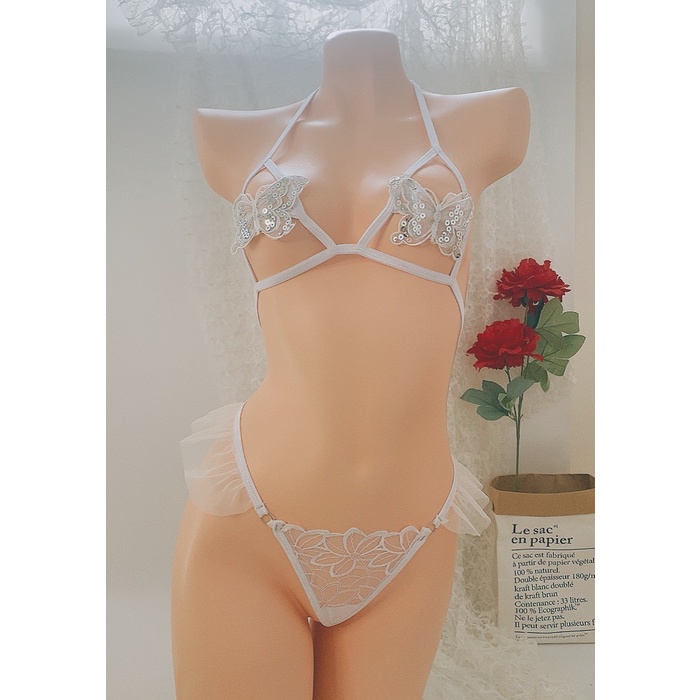 (ảnh thật) Bk062 Bộ đồ lót lưới nhún bèo - set gồm quần lót và áo lót nữ - kellywang