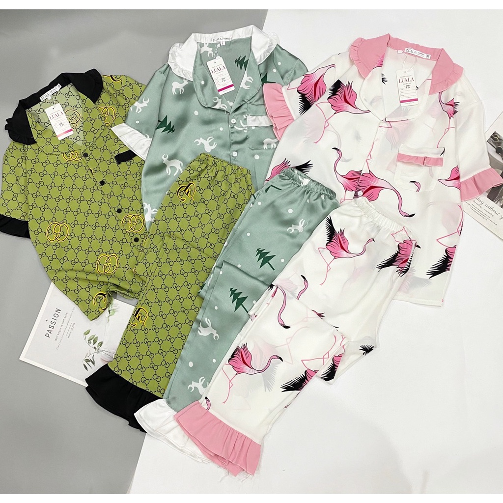 Bộ pijama lụa cộc dài lụa mango, satin mềm mịnđộ co giãn nhẹ♥️màu sắc xinh yêu♥️hình in sắc nétfull sizekhông bai xù