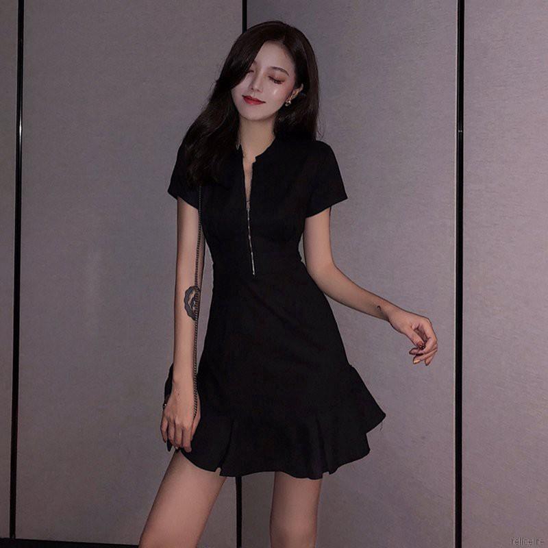 Váy nữ mini lưng cao có dây kéo màu trơn