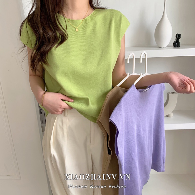 Xiaozhainv Áo Sweater Dệt Kim Sát Nách Cổ Tròn Dáng Rộng Màu Trơn Cho Nữ