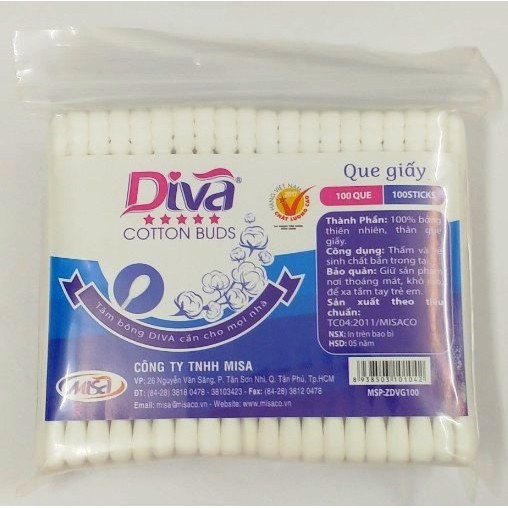 Tăm bông Diva Thân Giấy An Toàn cho Trẻ Sơ Sinh 100% Bông Tự Nhiên Túi 100 cây