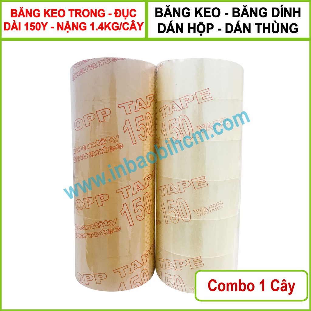 1 Cây (6 cuộn) Băng keo 150Y, lõi mõng 4mm, nặng 1.4kg/Cây, Bản 4F8, Cực dính, dày dặn, chắc chắn, Inbaobihcm