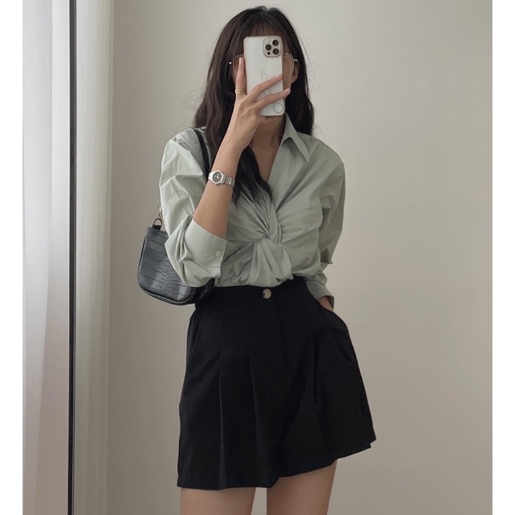 [Ảnh thật/Sẵn/Video]Áo sơmi thô xoắn ngực style Ulzzang | BigBuy360 - bigbuy360.vn