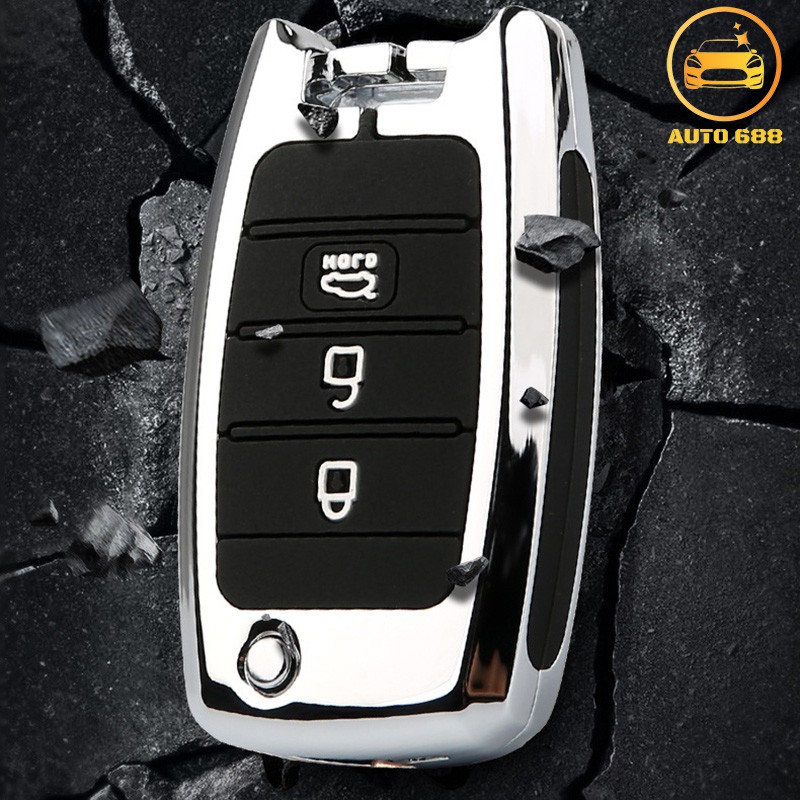 Ốp khóa KIA K3 Cerato Morning Soluto chìa gập METAL Bạc Đen Nâu. Bản cao cấp có cao su Bảo vệ chống xước va đập.