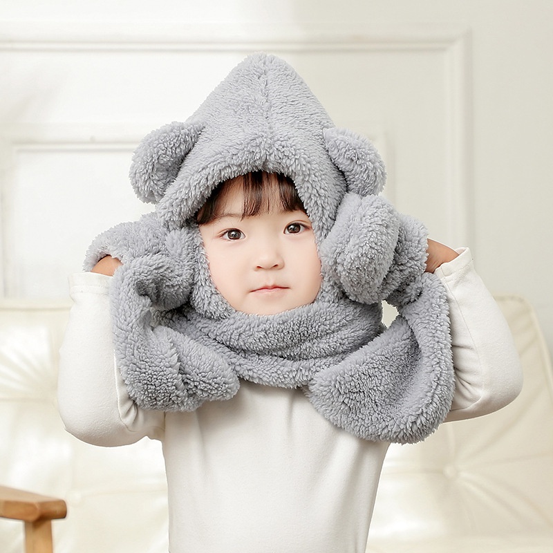 PVN38724 Mũ len trùm đầu tai gấu liền khăn cổ giữ ấm kèm găng tay chồng gió lạnh mùa đông hàng Quảng Châu T2