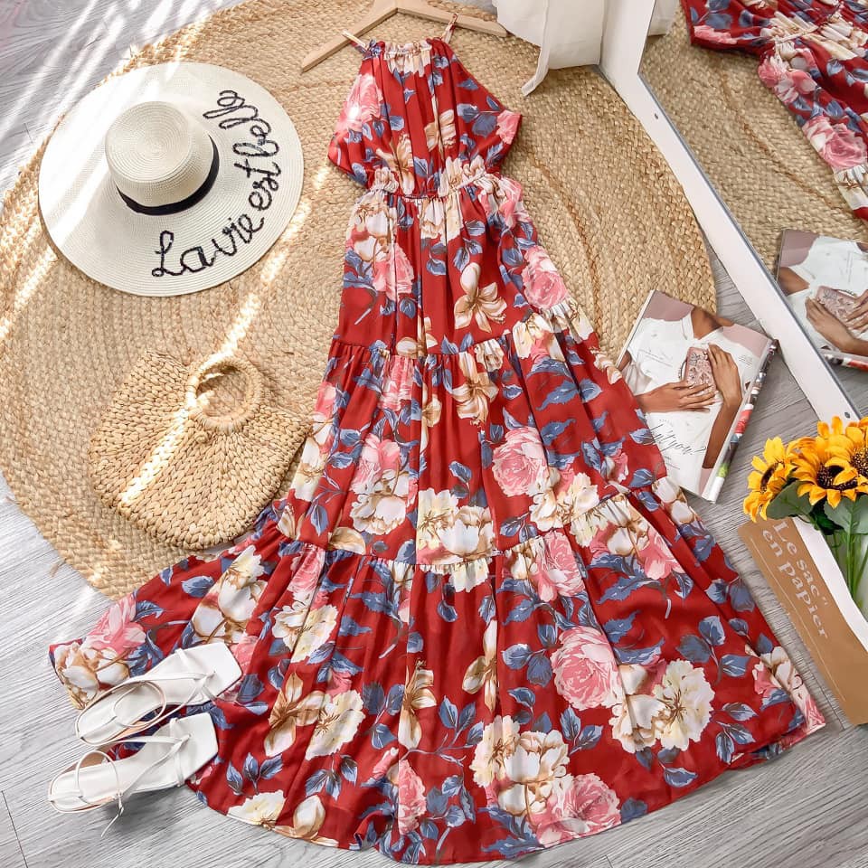 Maxi 2 dây yếm hoa xếp tầng phối eo bo chun siêu sang nun nha | BigBuy360 - bigbuy360.vn