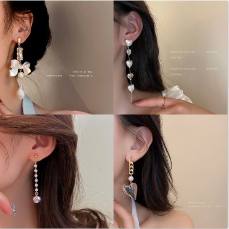 Bông Tai Mạ Bạc 925 Hình Nơ Đính Ngọc Trai Dáng Dài Phong Cách Hàn Quốc Thời Trang Cho Nữ