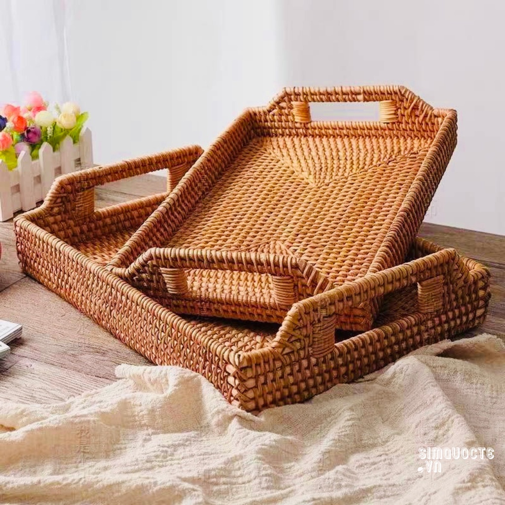 Khay mây tre đan có tay cầm đựng đồ ăn, mỹ phẩm, đồ dùng gia đình trang trí nhà cửa, làm đạo cụ chụp ảnh