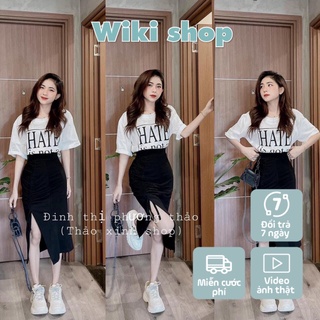 Set áo thun cộc tay HATE mix chân váy bút chì xẻ tà dáng dài đen trắng freesize hàn quốc sexy wikishop C447