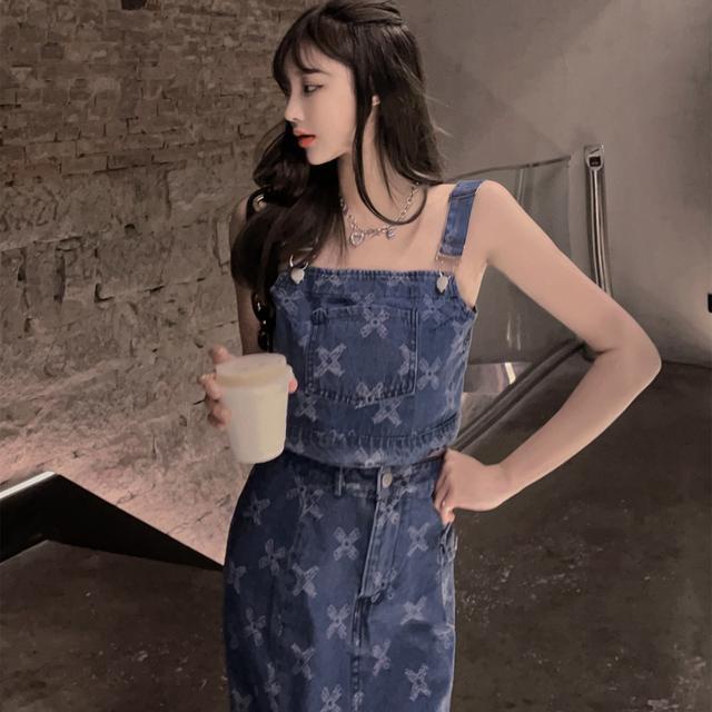 Set váy + áo denim hai dây dáng ngắn hở lưng phong cách Âu Mỹ gợi cảm dành cho nữ (có bán lẻ)