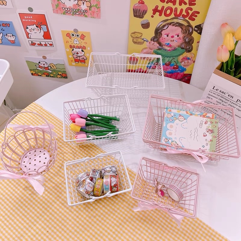 Giỏ đựng đồ, giỏ decor trang trí nhà cửa, shop mỹ phẩm đa năng tiện lợi màu hồng pastel tặng kèm nơ xinh