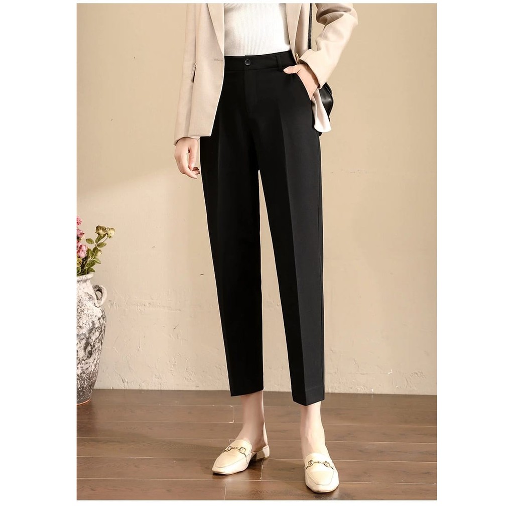 Quần công sở dáng Baggy nữ chất vải tuyết mưa Hàn Kiểu Quần tây nữ Lưng cao ống côn vừa màu Đen và Ghi mặc đi học sinh | BigBuy360 - bigbuy360.vn