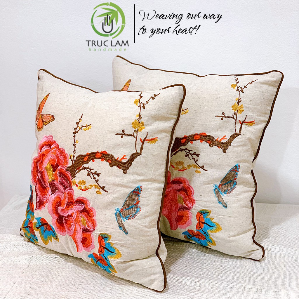 Gối/Vỏ Gối Vuông Tựa Lưng Sofa (45x45) Trang Trí Phòng Vải Linen Thêu Thủ Công Hoa Mẫu Đơn - Trúc Lâm Handmade