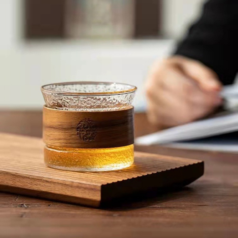 Cốc Thủy Tinh Uống Trà/Rượu Cách Nhiệt Chống Bỏng Dễ Lau Chùi Họa Tiết Dọc Phong Cách Nhật Bản