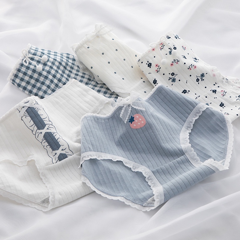 Bộ 1/5 Quần Lót Cotton Thoáng Khí In Họa Tiết Dễ Thương Cho Nữ