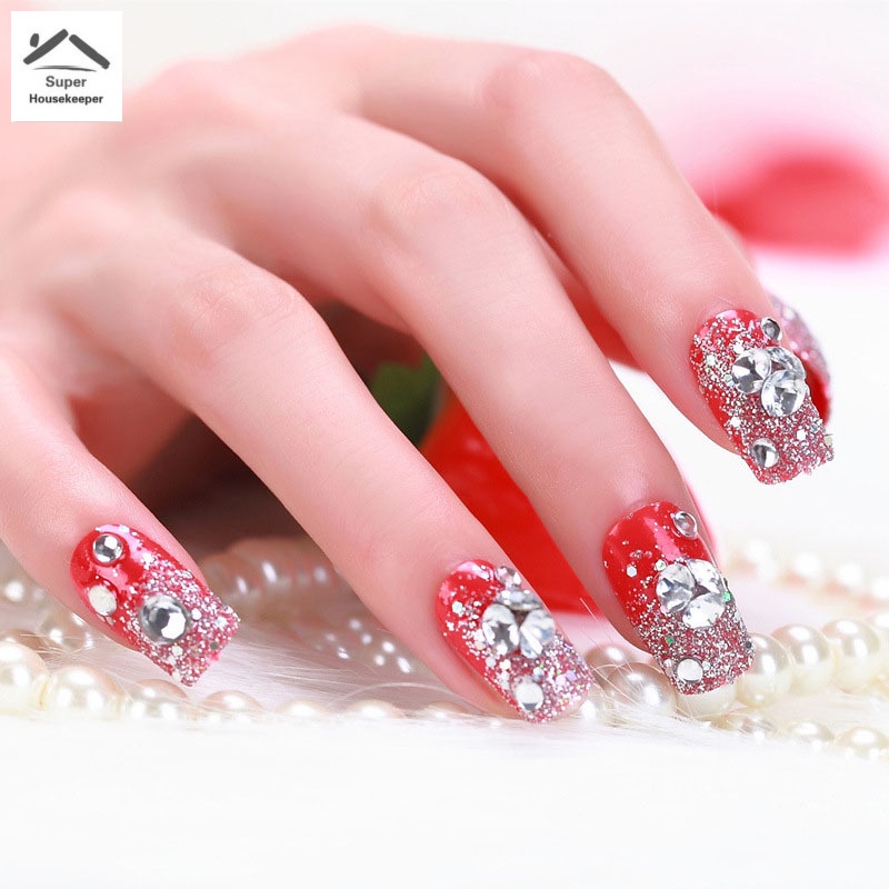 Set 24 móng tay giả màu đỏ đính đá 3D thời trang cho nữ