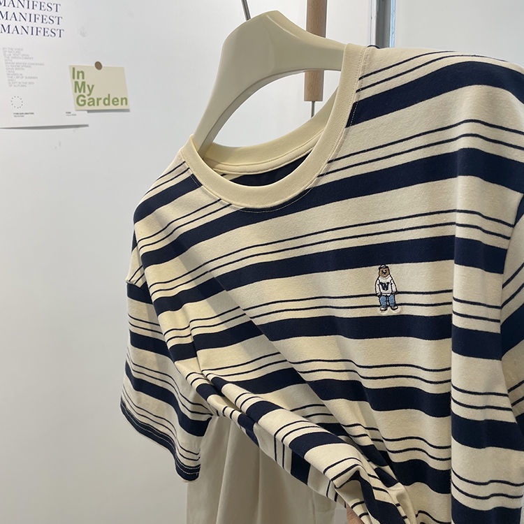Áo Thun Tay Ngắn Dáng Rộng Thêu Họa Tiết Kẻ Sọc Đơn Giản Thời Trang Mùa Hè Phong Cách Hàn Quốc Mới Cho Nữ